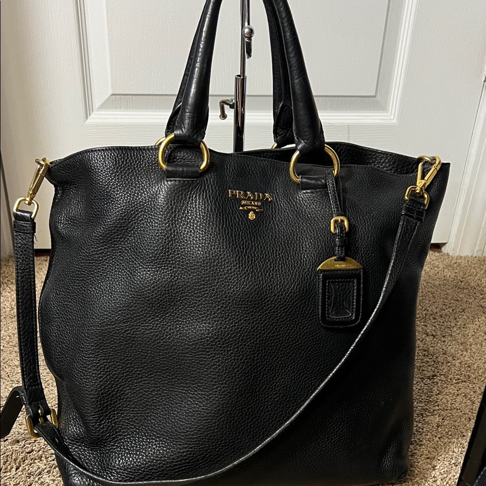 3239 Prada  Black Leather Shoulder Bag with Gold Hardware